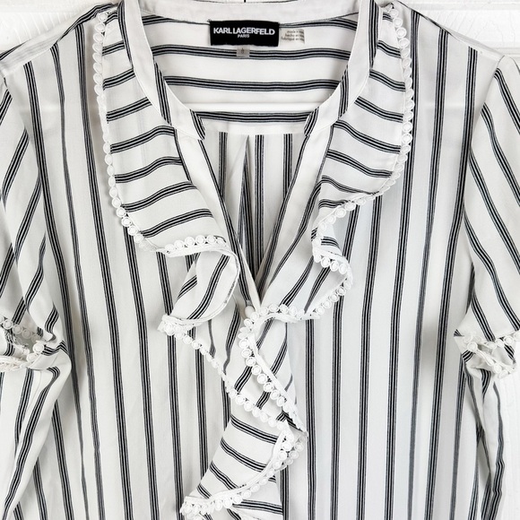 Karl Lagerfeld Paris Short Sleeve Lace Trim Ruffle Button Down Top - Picture 3 of 9